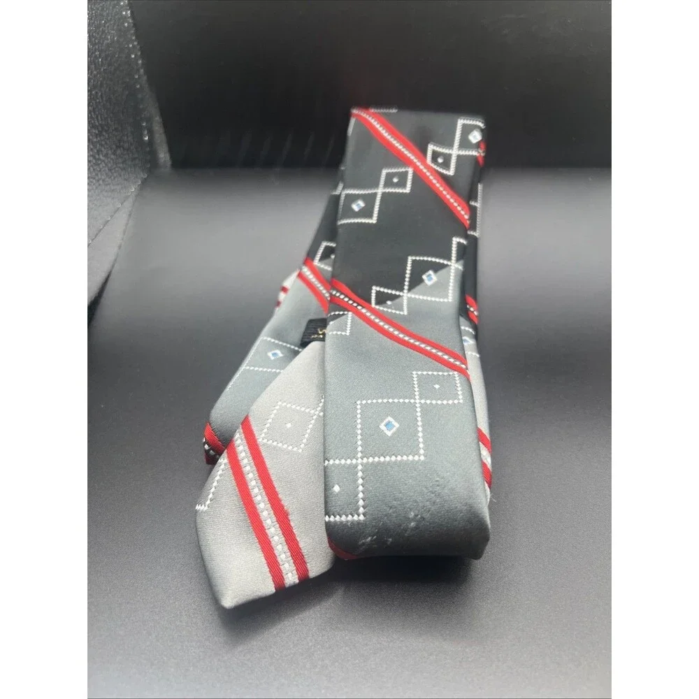 Wembley Geometric necktie. Woven. France. Gray, Black,Red, Blue